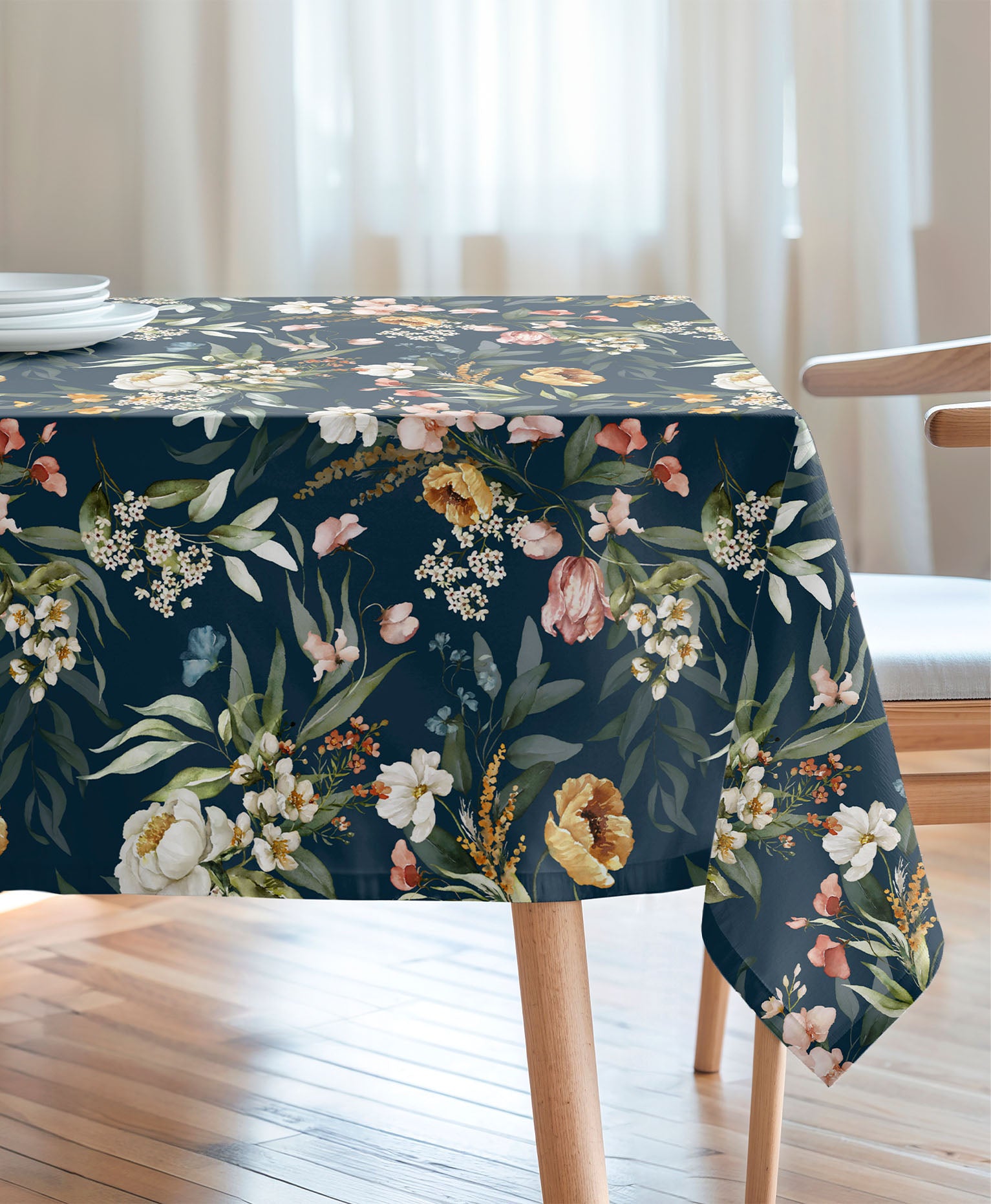 Mantel antimanchas, mantel de fondo azul con flores
