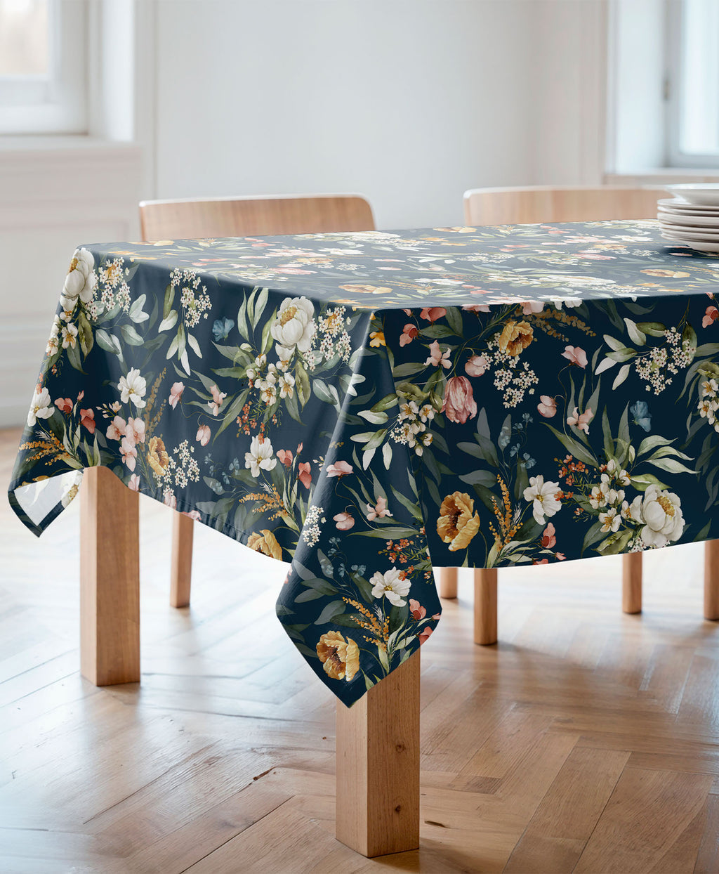 Mantel antimanchas, mantel de fondo azul con flores