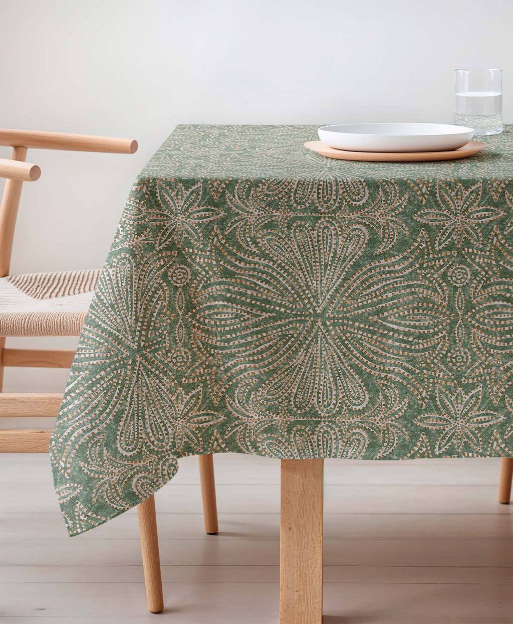 Mantel verde con patrones, mantel antimanchas