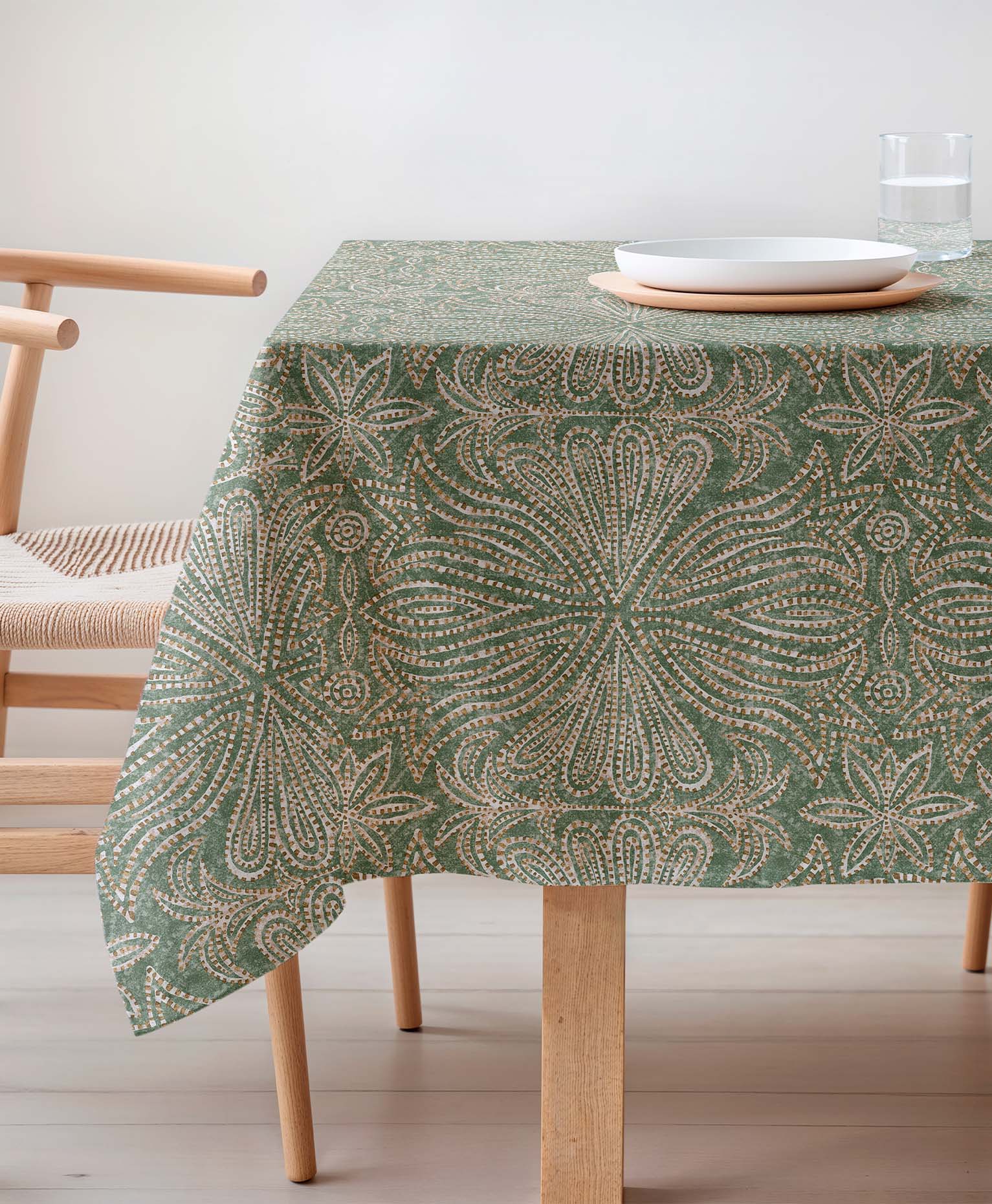 Mantel verde con patrones, mantel antimanchas