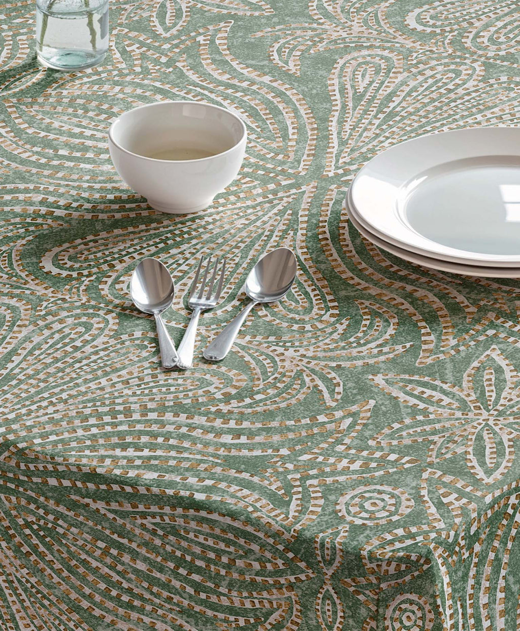 Mantel verde con patrones, mantel antimanchas