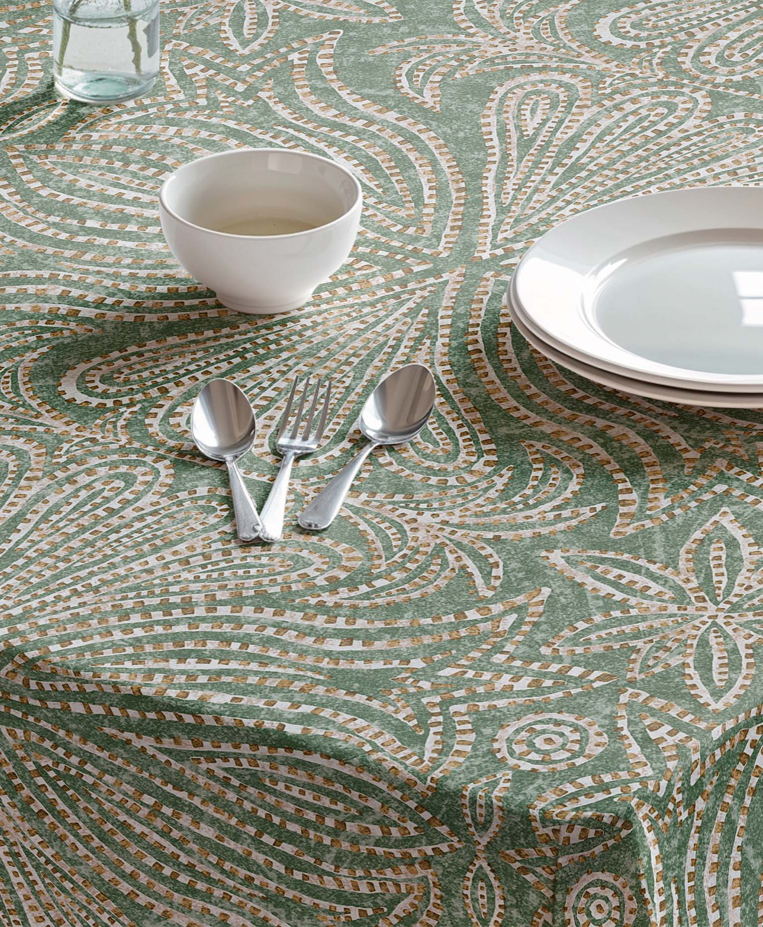 Mantel verde con patrones, mantel antimanchas