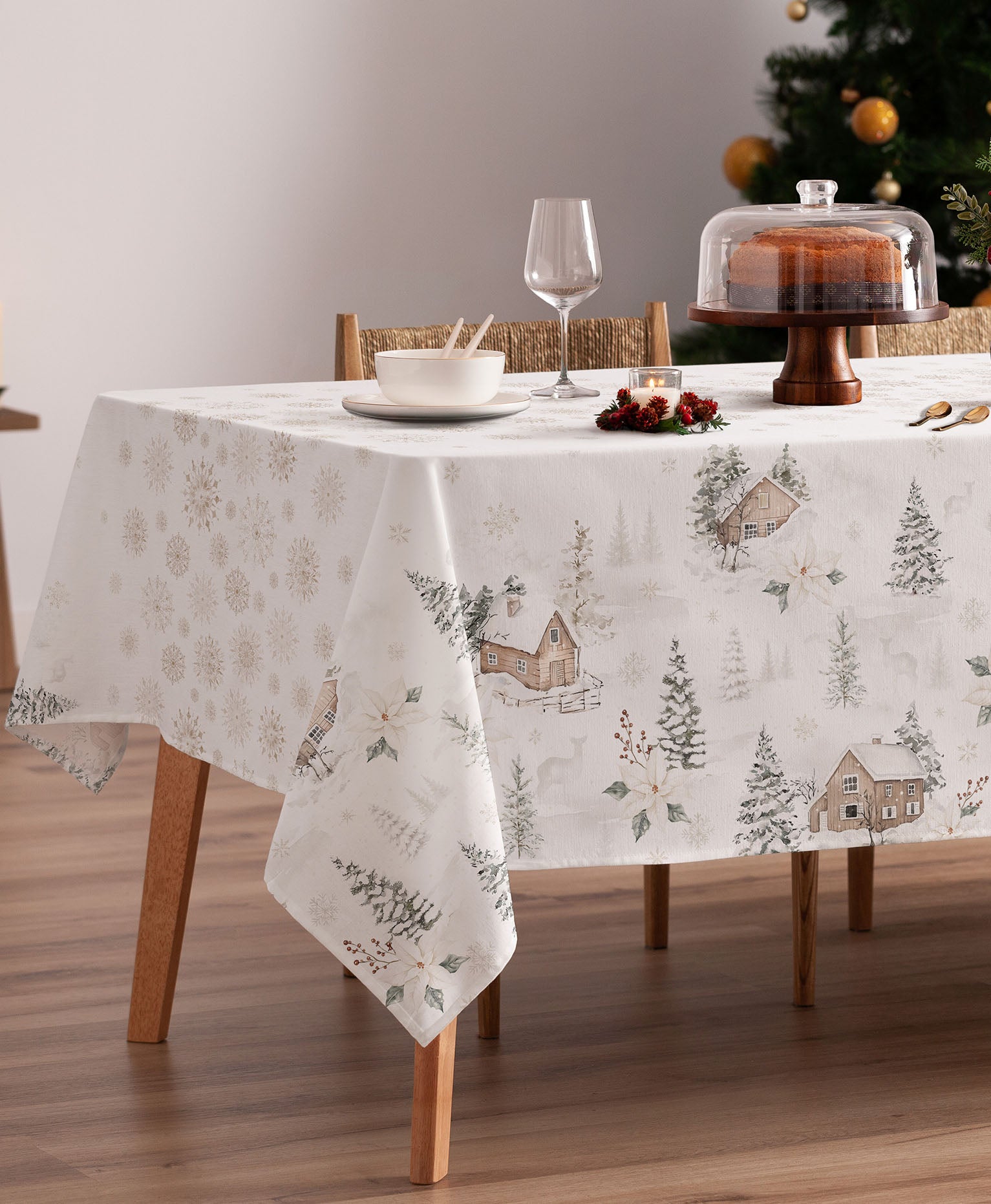 Mantel navidad Ralphie Blanco, mantel de navidad de casas, mantel navidad casas madera, mantel antimanchas navidad
