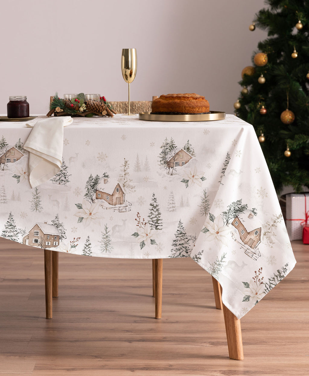 Mantel navidad Ralphie Blanco, mantel de navidad de casas, mantel navidad casas madera, mantel antimanchas navidad