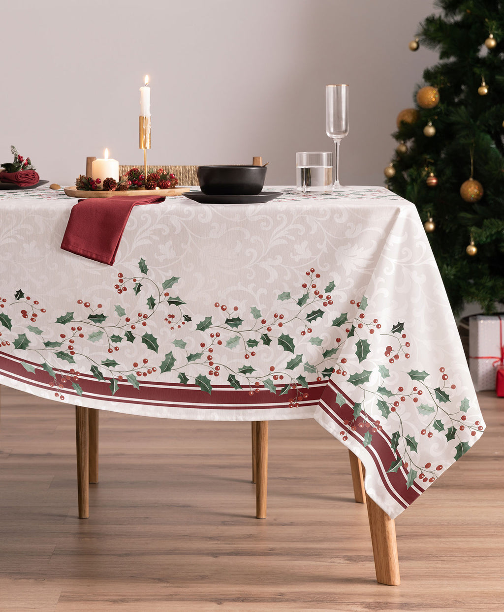 Mantel navidad Sally Granate, mantel navidad largo, mantel de plantas navidad