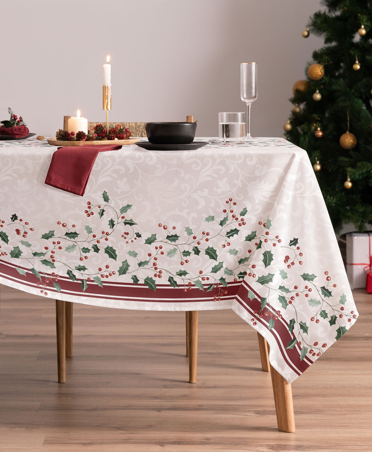 Mantel navidad Sally Granate, mantel navidad largo, mantel de plantas navidad