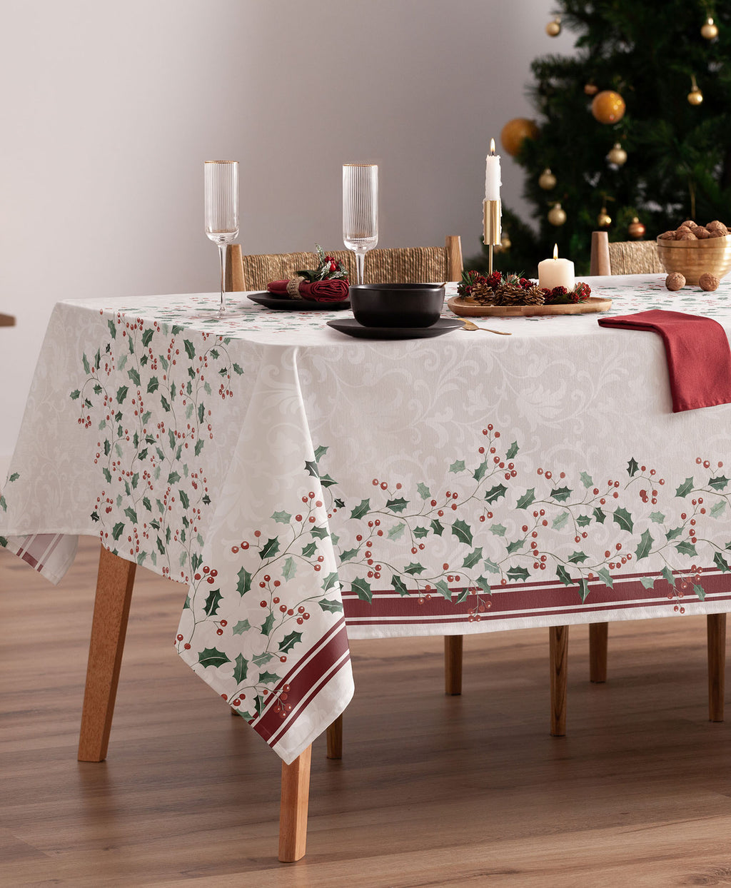 Mantel navidad Sally Granate, mantel navidad largo, mantel de plantas navidad