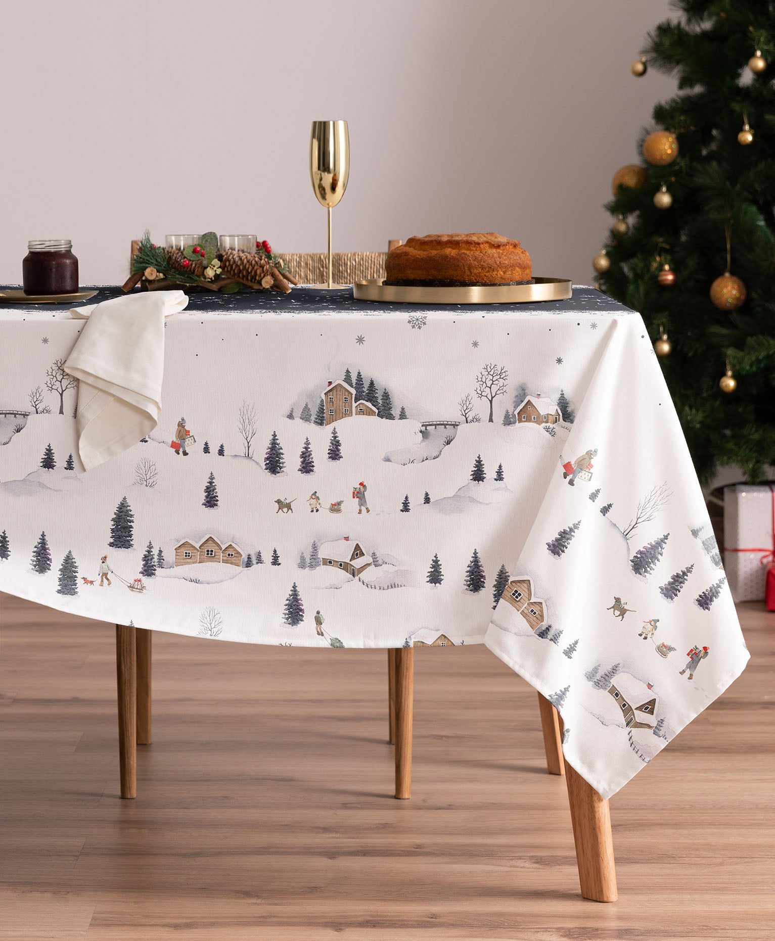 Whoville Marino, mantel de navidad de casas, mantel navidad casas madera, mantel antimanchas navidad