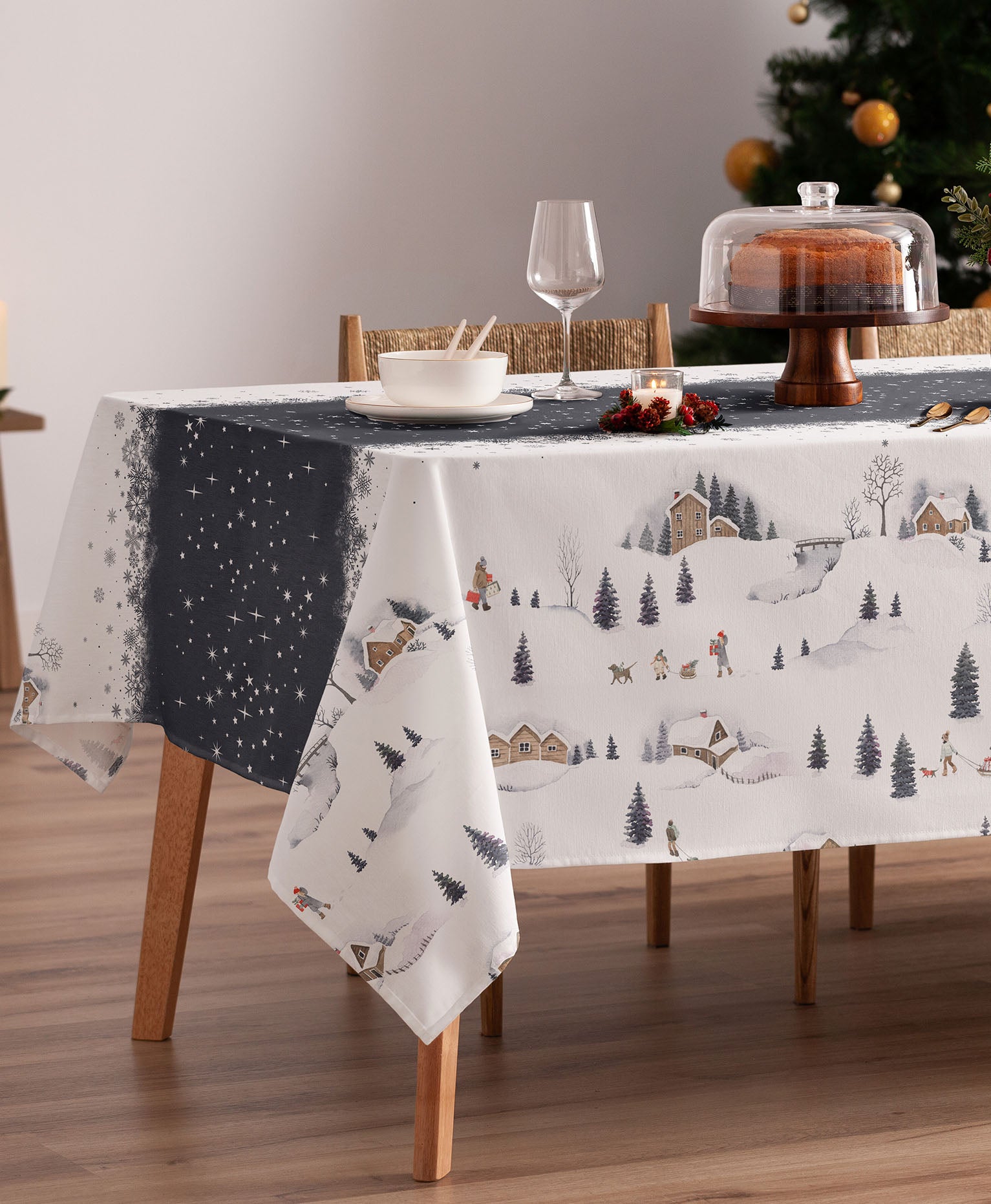 Whoville Marino, mantel de navidad de casas, mantel navidad casas madera, mantel antimanchas navidad