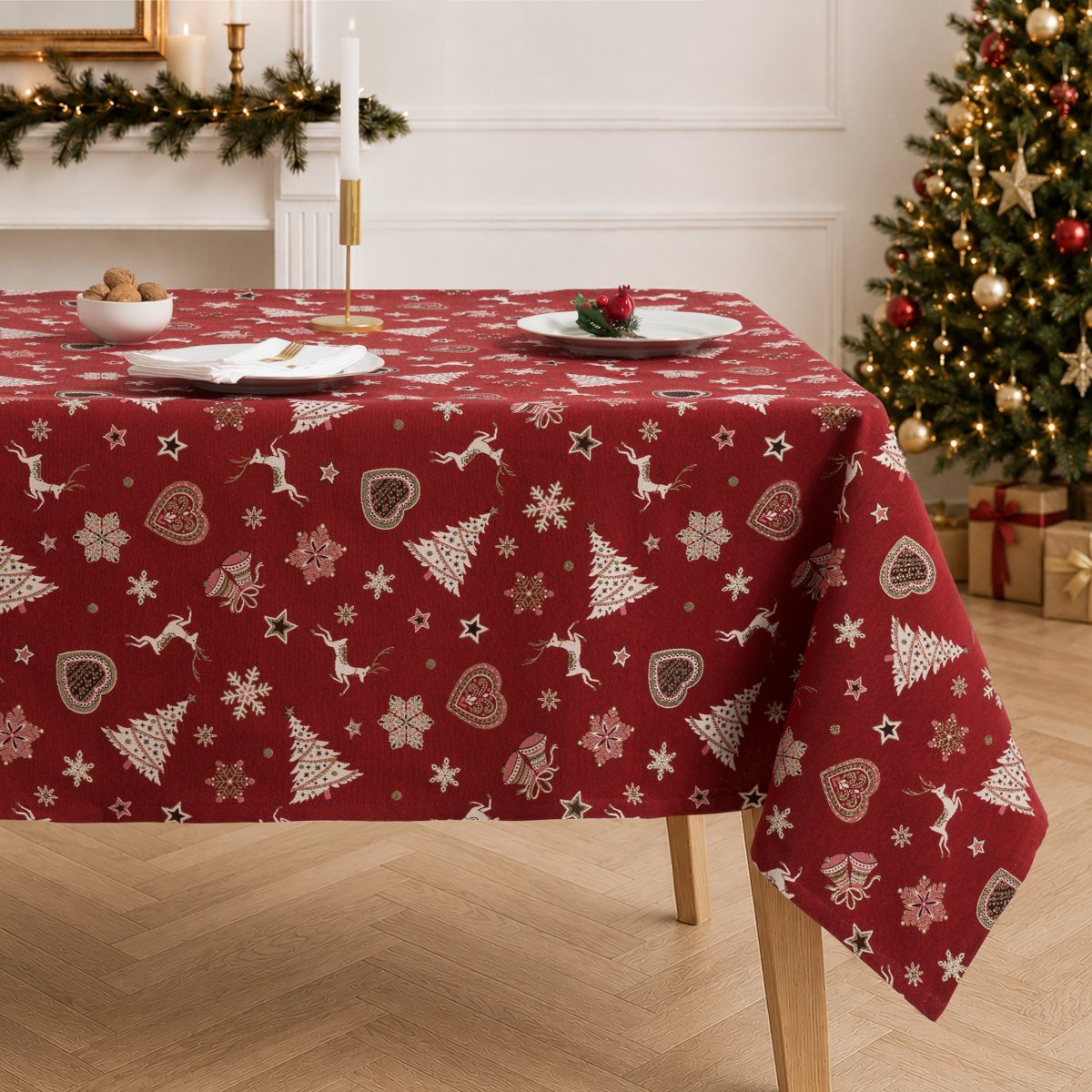 Mantel Navidad Jacquard Starlit Rojo · Pierre Cardin