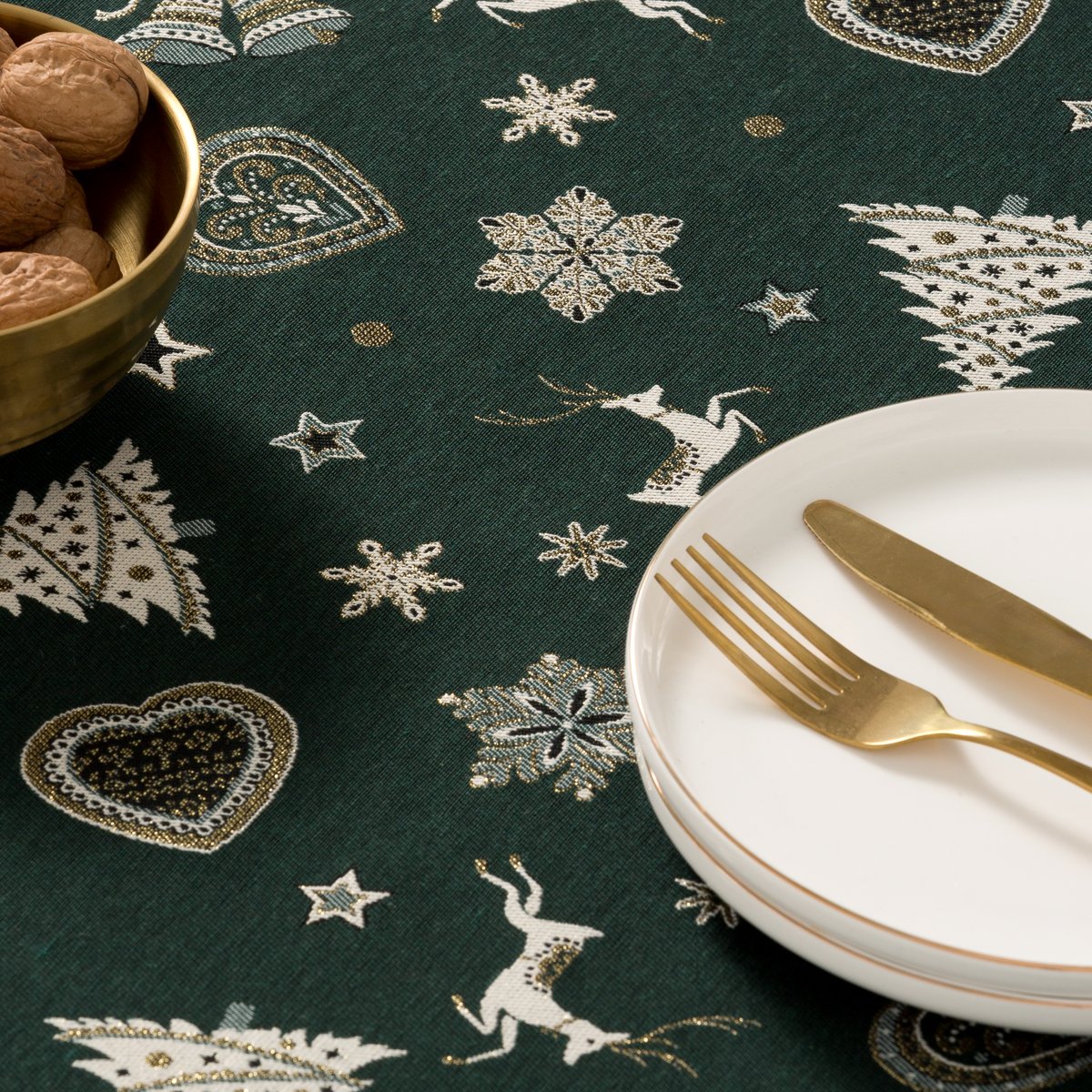 Mantel Navidad Jacquard Starlit Verde · Pierre Cardin