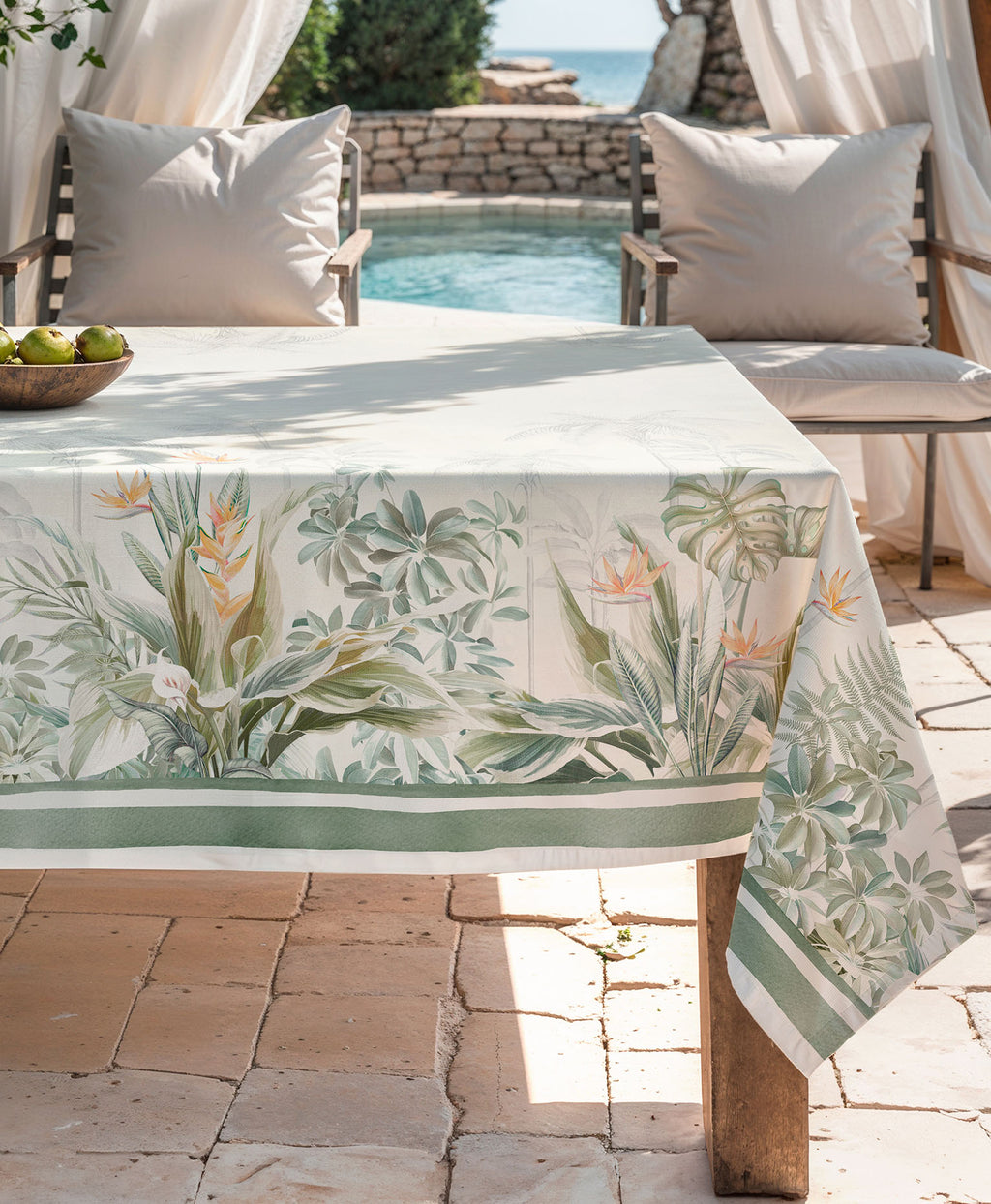 Mantel antimanchas Dayana Verde, mantel estampado, mantel de verano, mantel mediterraneo