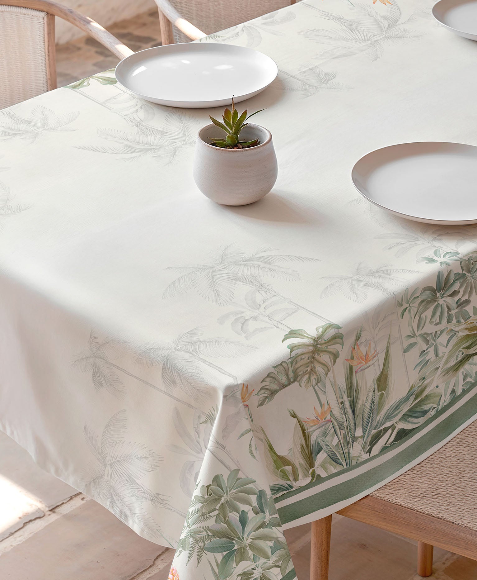 Mantel antimanchas Dayana Verde, mantel estampado, mantel de verano, mantel mediterraneo