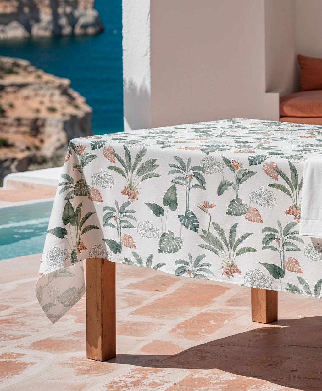 Mantel antimanchas Hawaii verde, manteles verano, mantel mediterraneo, mantel estampado