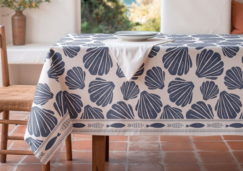 Mantel antimanchas Coquillage Azul, mantel estampado, manteles antimanchas, manteles verano