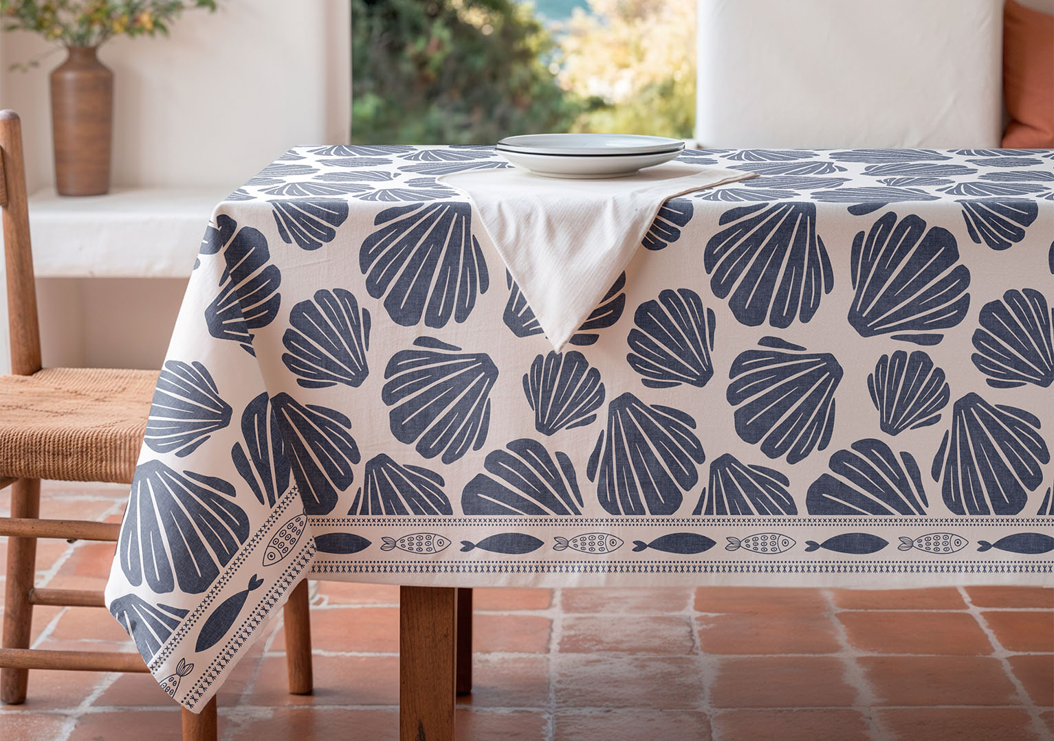 Mantel antimanchas Coquillage Azul, mantel estampado, manteles antimanchas, manteles verano