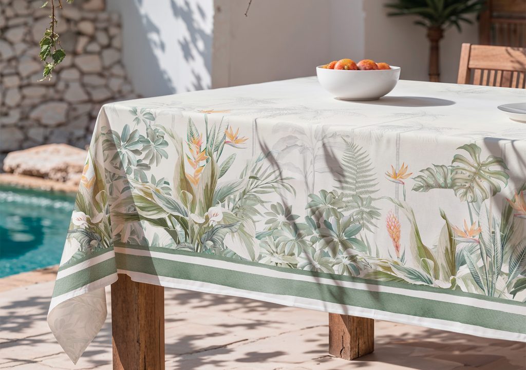 Mantel antimanchas Dayana Verde, mantel estampado, mantel de verano, mantel mediterraneo