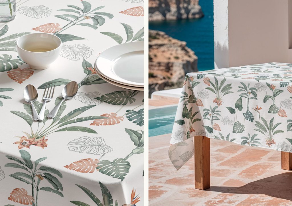 Mantel antimanchas Hawaii verde, manteles verano, mantel mediterraneo, mantel estampado