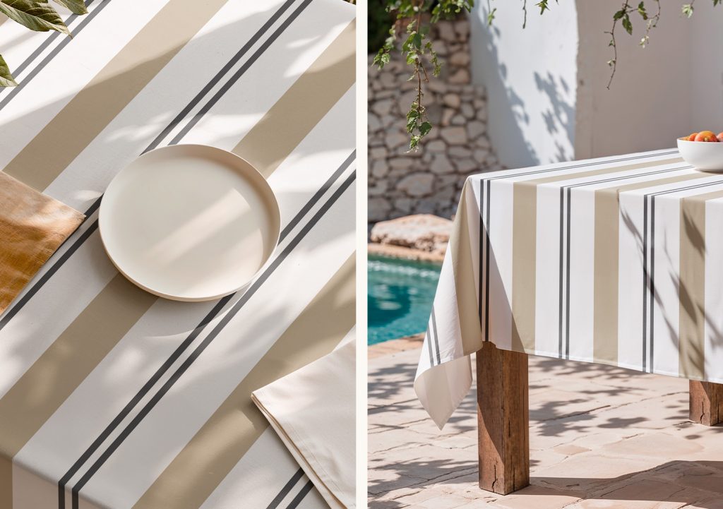 Mantel antimanchas Juniper Beige. mantel de rayas