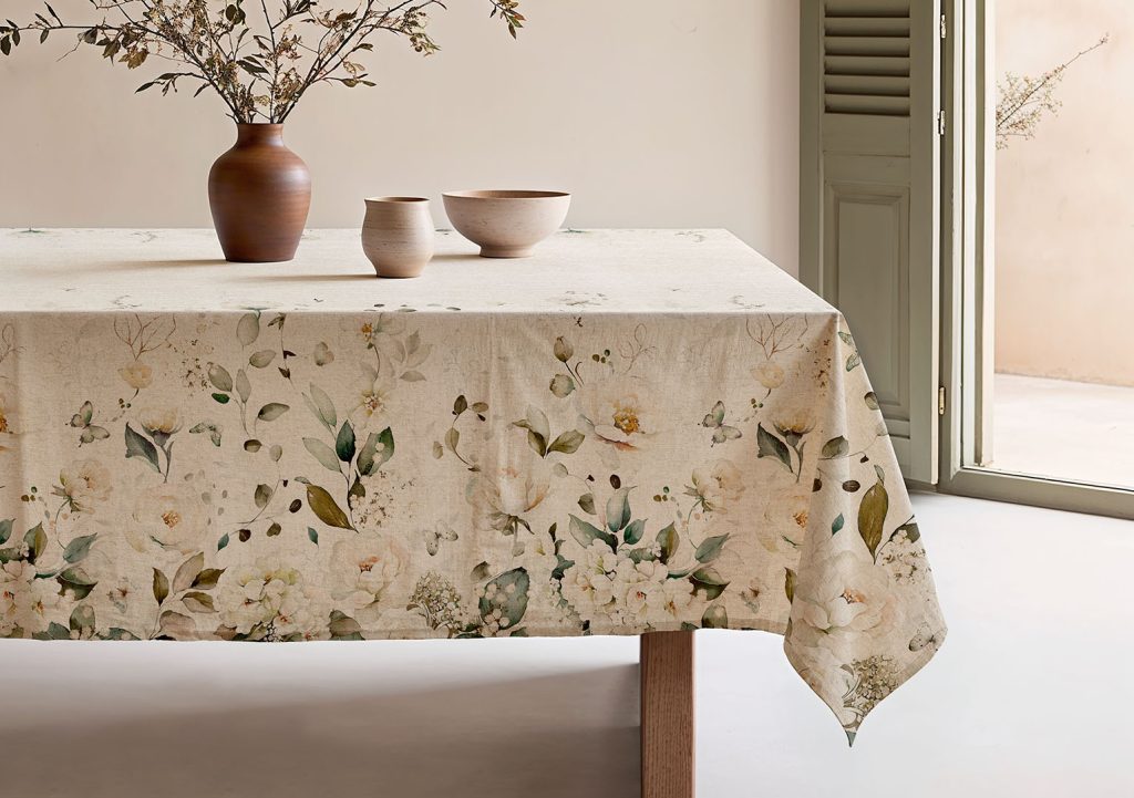 Mantel antimanchas Dareli Multicolor, mantel estampado, mantel de lino, mantel lino estampado