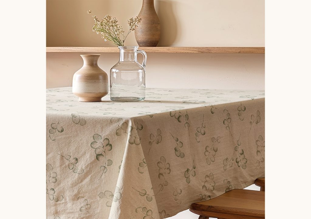 Mantel antimanchas eucalipto verde, mantel anitmanchas, mantel antimanchas estampado