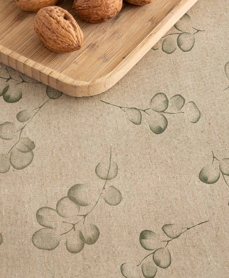 Mantel antimanchas eucalipto verde, mantel anitmanchas, mantel antimanchas estampado